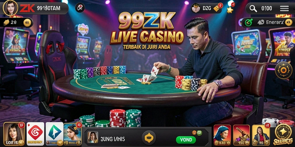 Screenshot 99ZK menampilkan dealer yang ramah dan gameplay Live Casino yang seru.