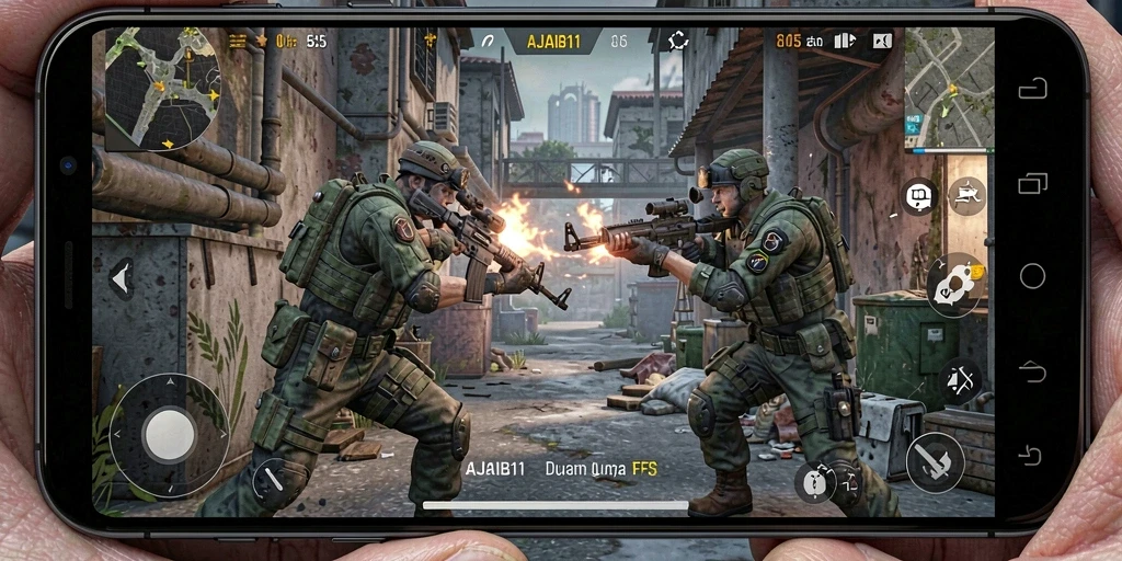 Tangkapan layar dari gameplay seru AJAIB11 dalam mode pertempuran FPS.