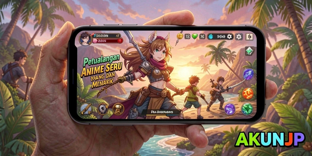 Screenshot utama AKUNJP menampilkan karakter Anime dalam pertempuran epik.