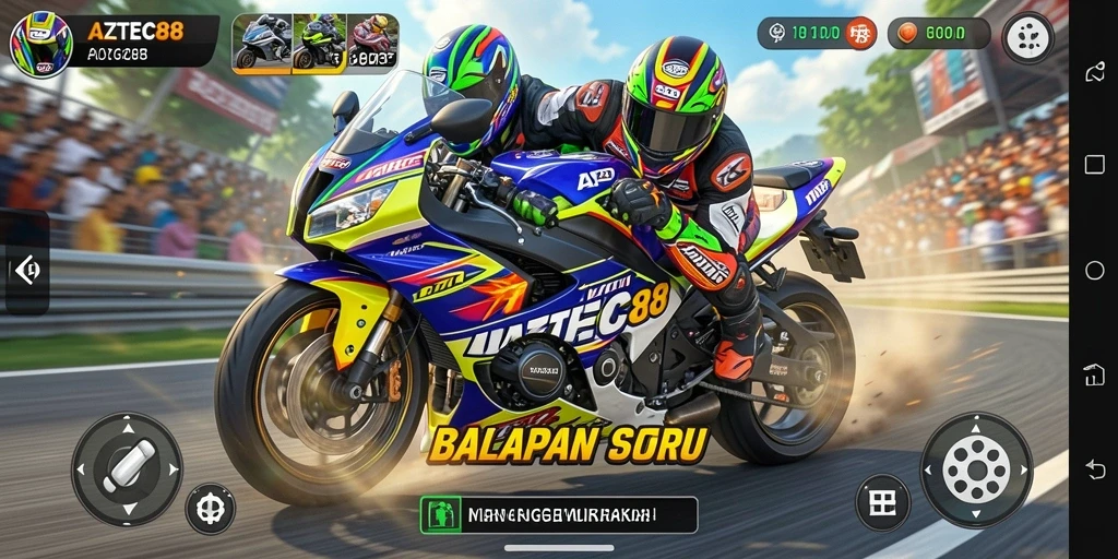 Tampilan gameplay AZTEC88 yang seru dan mendebarkan dalam balapan motor.