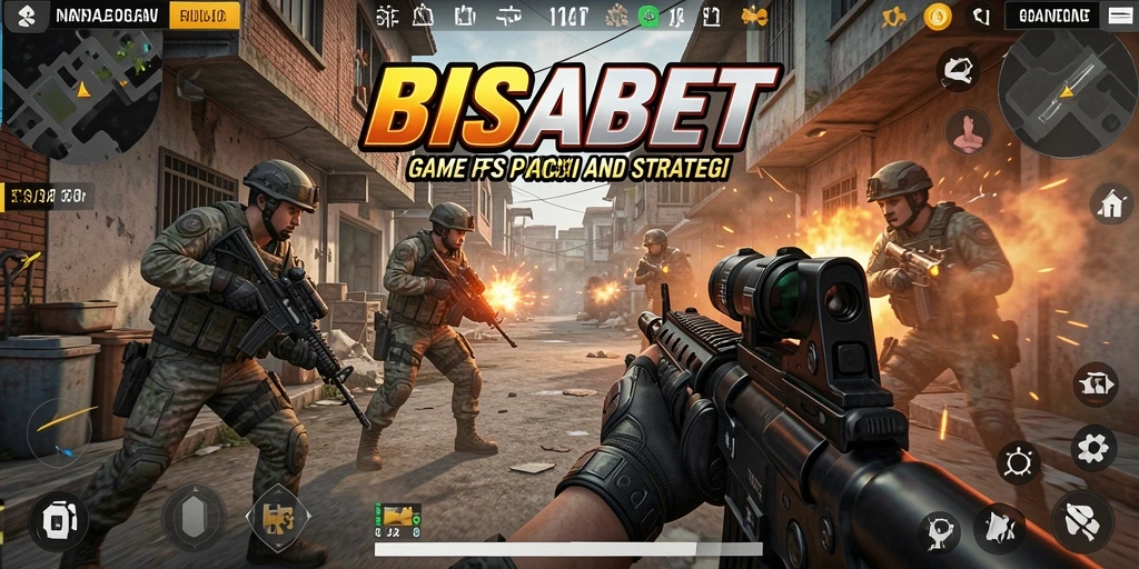 Screenshot utama BISABET menampilkan aksi seru dalam mode FPS.