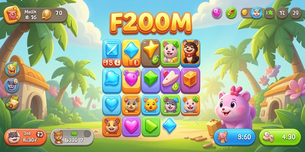 Screenshot permainan F200M menampilkan tantangan mencocokkan objek Match-3.