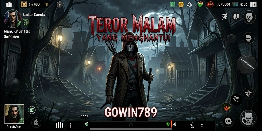 Screenshot gameplay GOWIN789 menampilkan suasana horor yang mencekam.