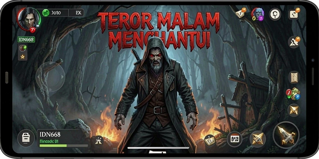 Tangkapan layar gameplay IDN668 menampilkan suasana menegangkan dan elemen horror.
