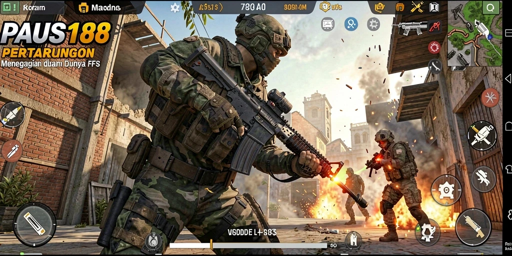 Screenshot utama PAUS188 menunjukkan pertempuran intens dalam gameplay FPS.
