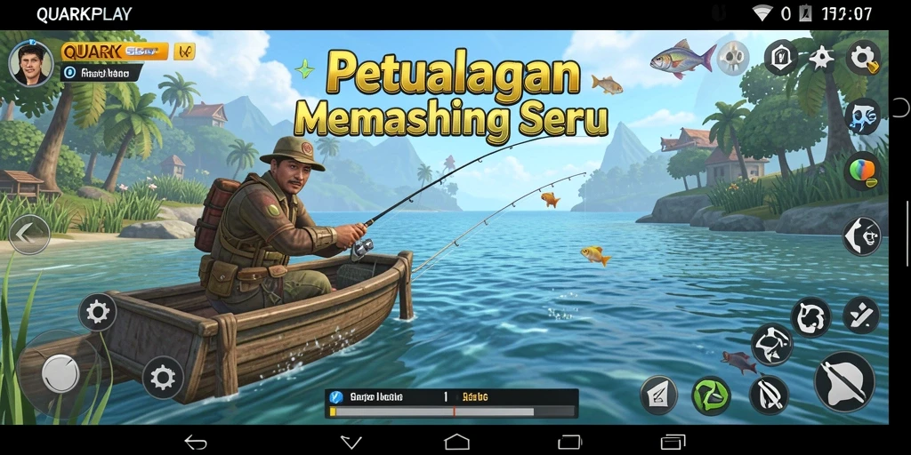 Screenshot gameplay QUARKPLAY menampilkan aksi seru memancing di laut.