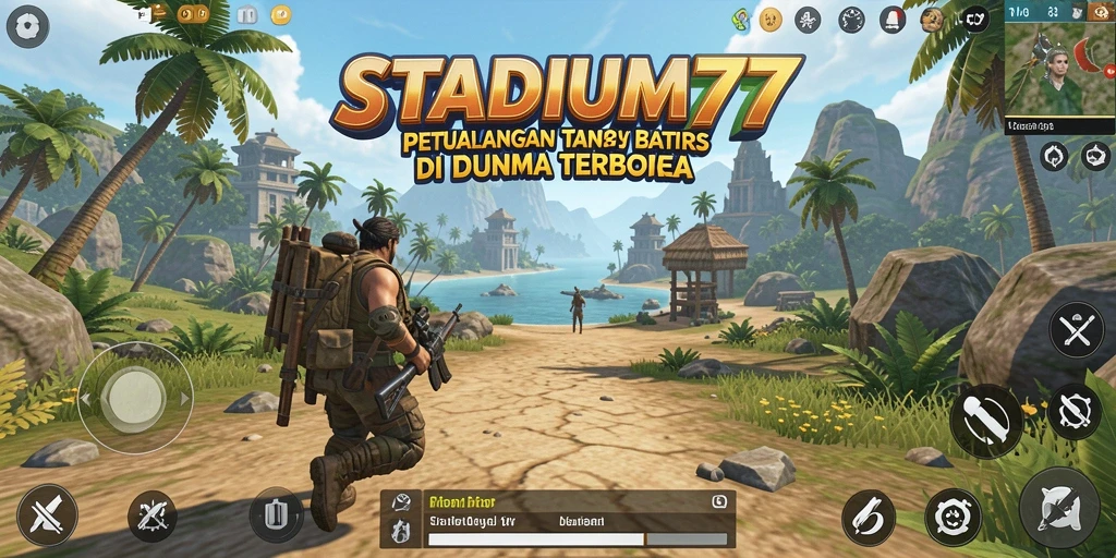 Screenshot dari gameplay STADIUM77 yang menunjukkan dunia terbuka yang menakjubkan.